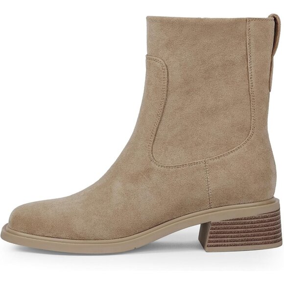 Women's Suede Nude Square Toe Chunky Short Booties Fall Boots Side Zipper - Picture 4 of 7